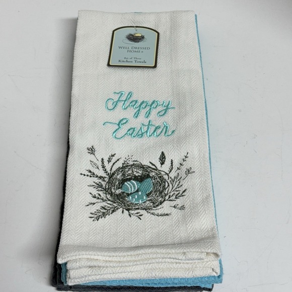 Well Dressed Home Happy Easter White Teal Gray Set Of 3 Kitchen Towels New - Picture 2 of 5